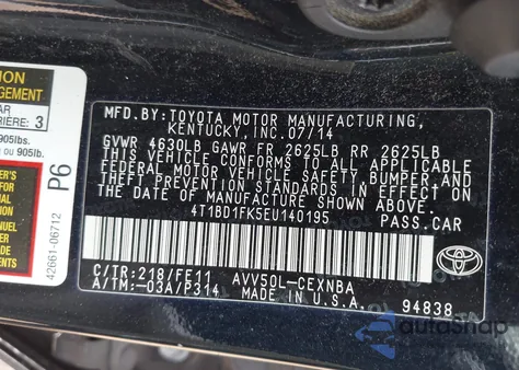 2014 Toyota Camry Hybrid Le from USA, damaged, VIN 4T1BD1FK5EU140195